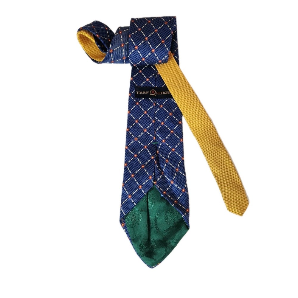 Vintage 90s Tommy Hilfiger 100% Silk Tie Double Pattern Blue/Red Lattice Yellow - Picture 4 of 6